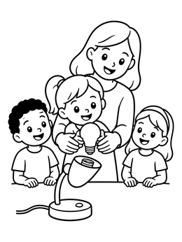 Free printable Family Changing A Desk Lamp Bulb coloring page