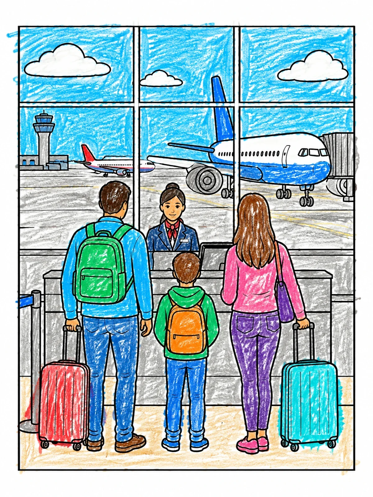 Colored example of the Family Check In At Airport Counter coloring page