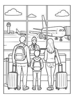 Free printable Family Check In At Airport Counter coloring page