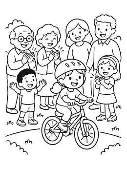 A cheerful family coloring page showing grandparents and parents cheering for a girl riding her bike.