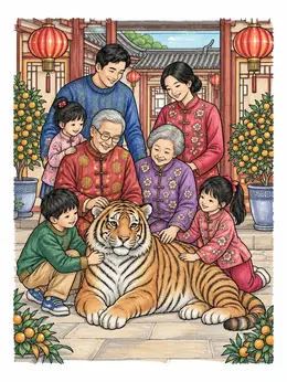 Family With Chinese Zodiac Tiger – Chinese New Year Tiger Coloring Page