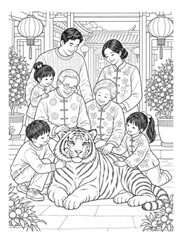 A multi-generational family surrounds a friendly tiger in this chinese new year tiger coloring page.