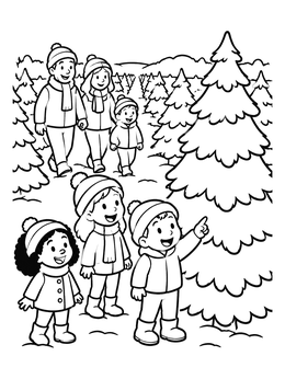 A happy family enjoys this christmas tree coloring page while picking out a tall pine.
