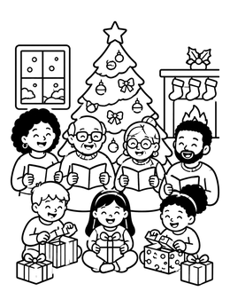 Free printable Family Christmas Celebration By The Tree coloring page