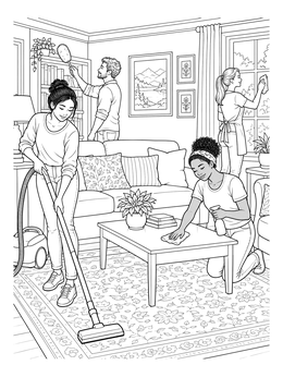 A detailed cleaning coloring page showing four people tidying up a cozy living room.