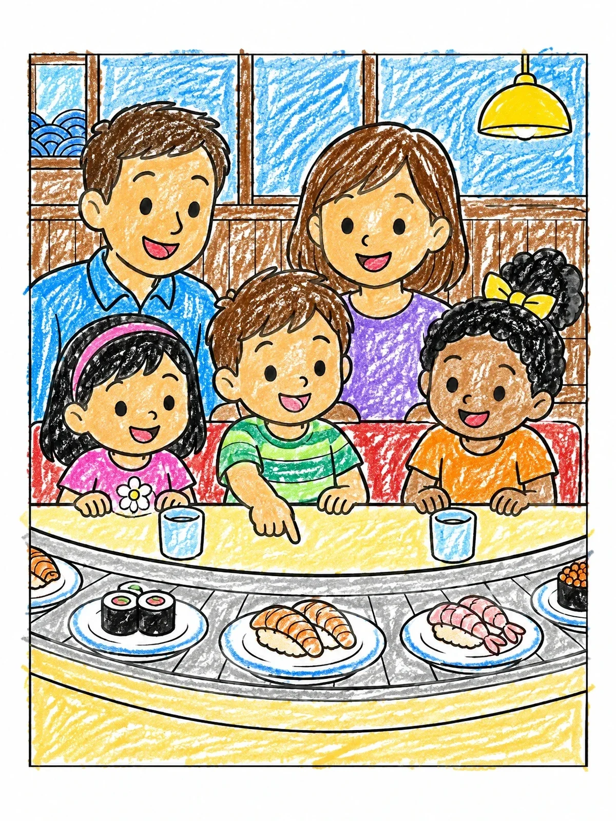 Colored example of the Family At Conveyor Belt Sushi coloring page