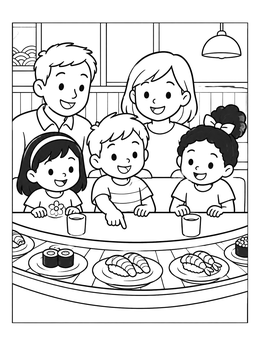 Free printable Family At Conveyor Belt Sushi coloring page