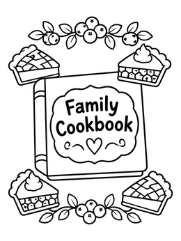 A cookbook coloring page surrounded by tasty pie slices and berry garlands.