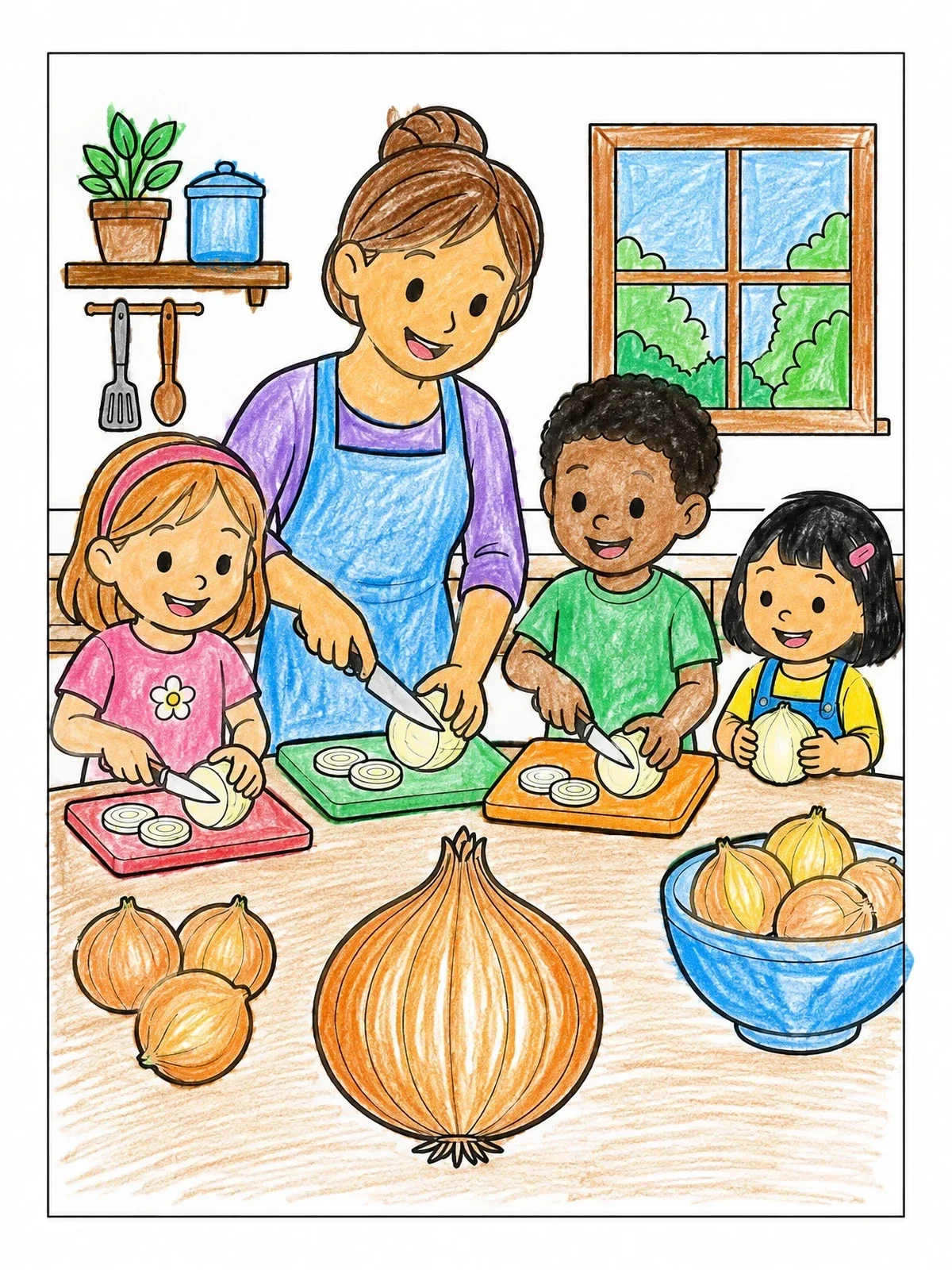 Colored example of the Family Cooking With Fresh Onions coloring page