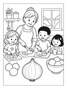 Free printable Family Cooking With Fresh Onions coloring page