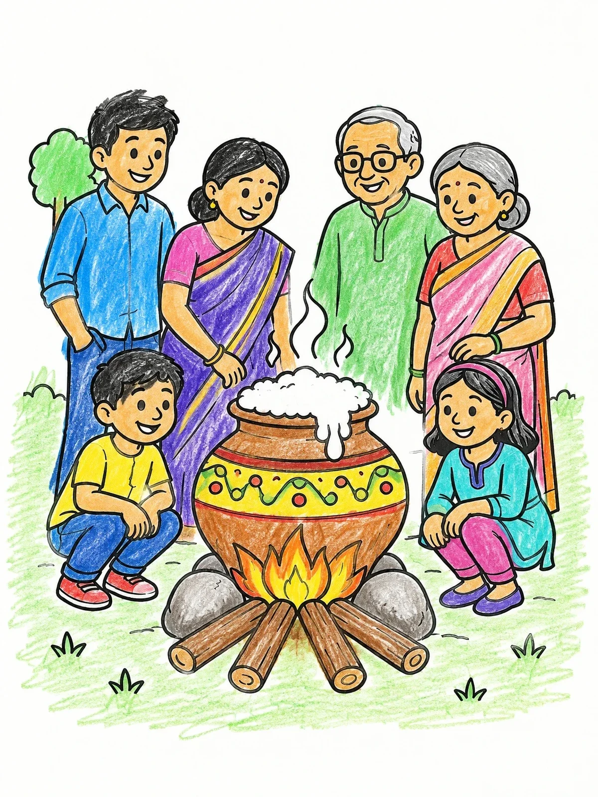 Colored example of the Family Cooking Pongal Rice Outdoors coloring page