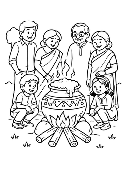 Free printable Family Cooking Pongal Rice Outdoors coloring page