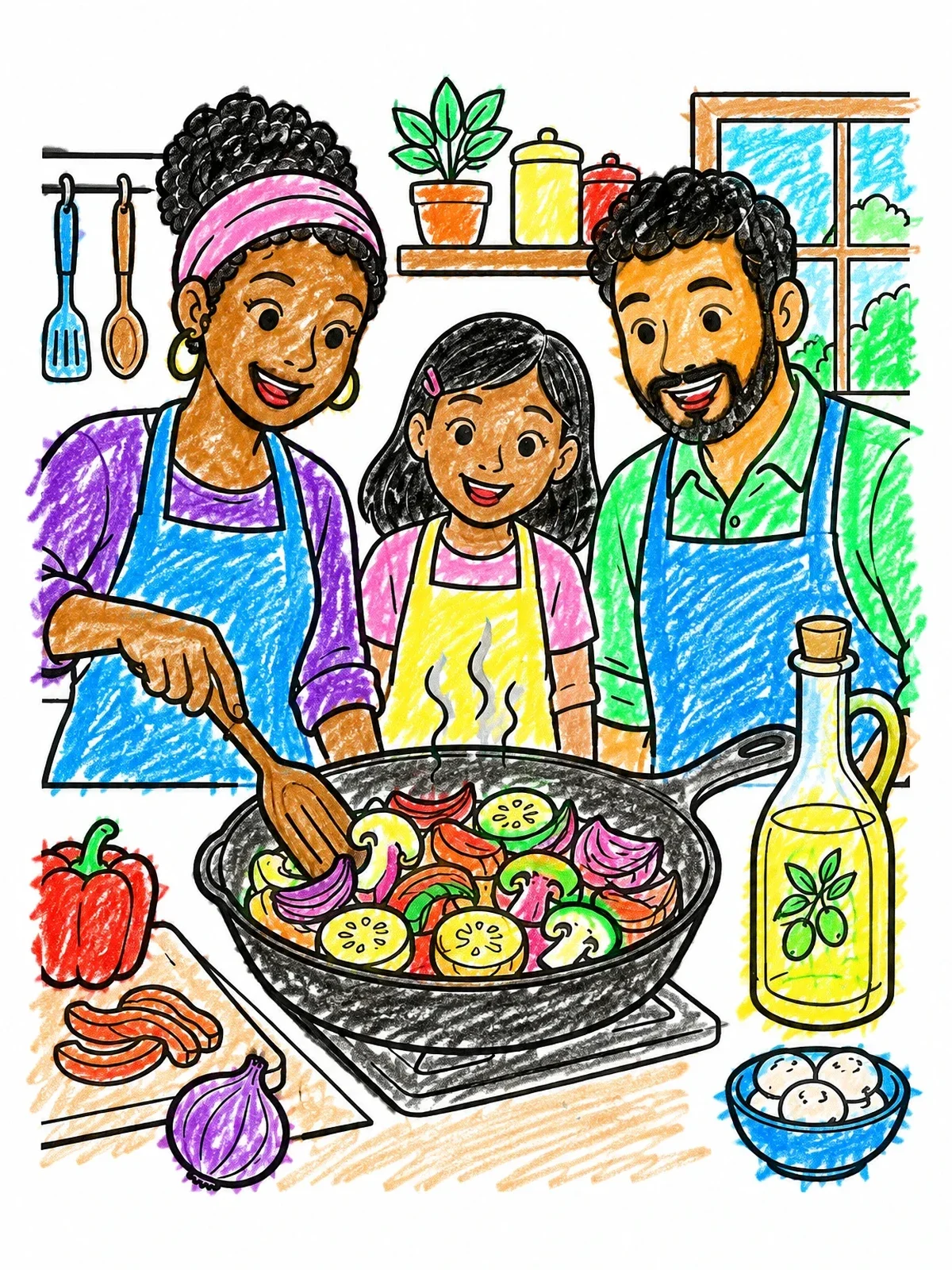 Colored example of the Family Cooking Vegetables Together coloring page