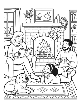 Free printable Family By The Cozy Fireplace coloring page