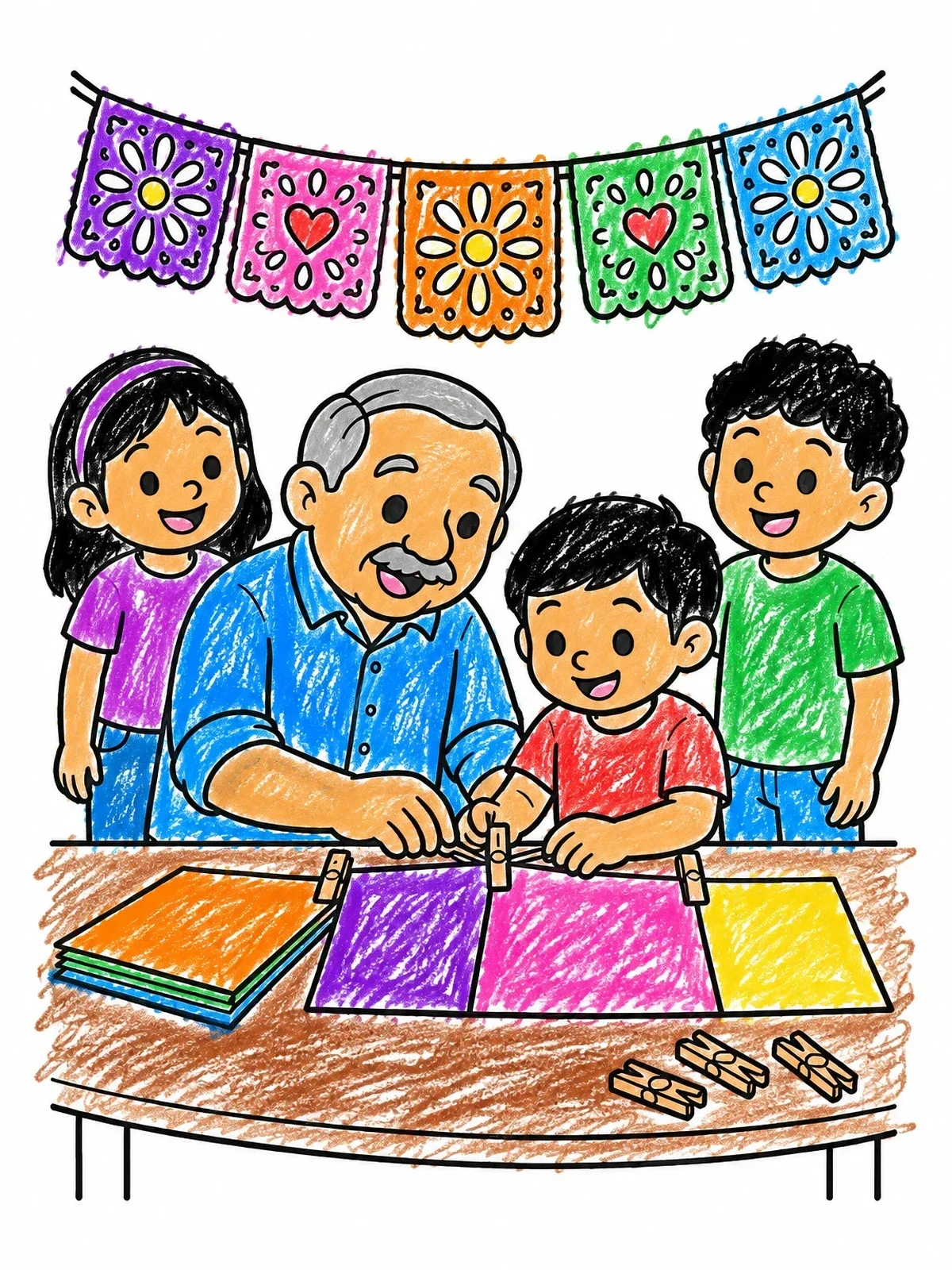 Colored example of the Family Crafting Papel Picado Banners coloring page