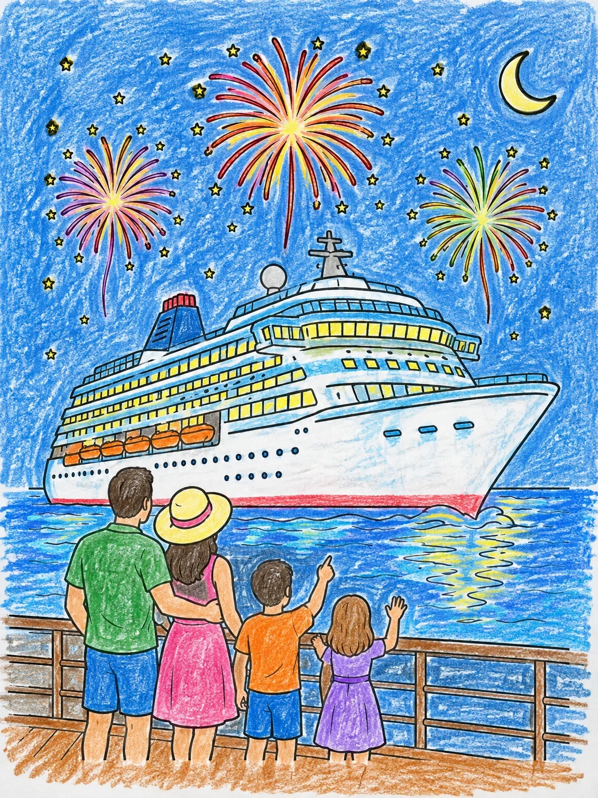 Colored example of the Family Watching Cruise Ship Fireworks coloring page