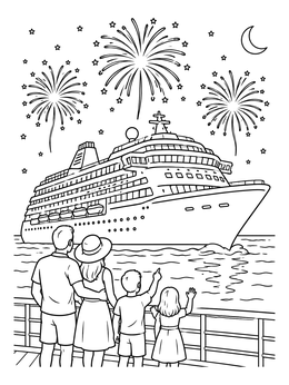 Free printable Family Watching Cruise Ship Fireworks coloring page