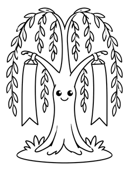 A smiling willow tree in this cute family coloring page with hanging banners.