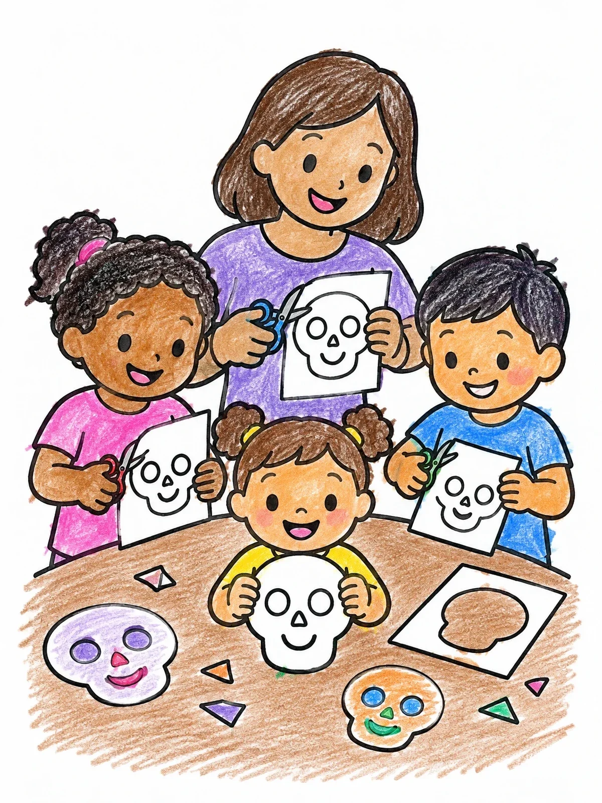 Colored example of the Family Cutting Skull Paper Crafts coloring page