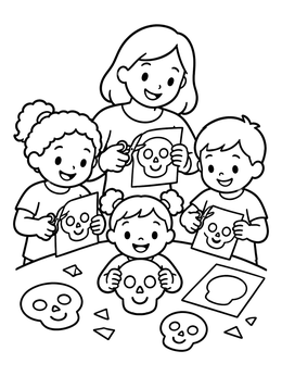 Kids and a parent craft together in this friendly skull coloring page.