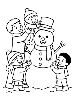 Happy children and parent decorating a snowman coloring page together.