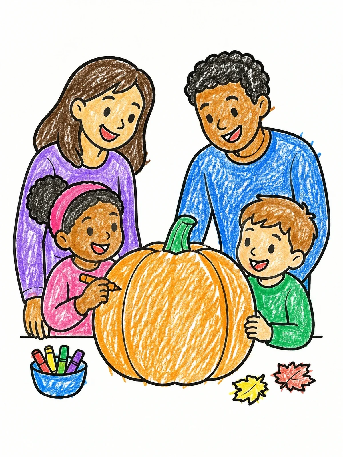 Colored example of the Family Decorating A Big Pumpkin coloring page