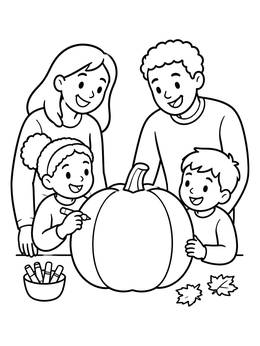 Free printable Family Decorating A Big Pumpkin coloring page
