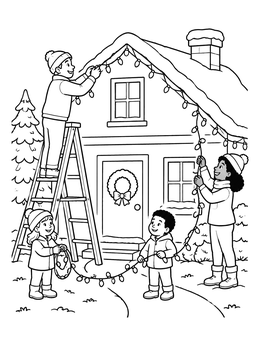 Free printable Family Decorating House With Christmas Lights coloring page