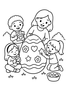 Kids and mom decorate in this easter egg coloring page outdoors.