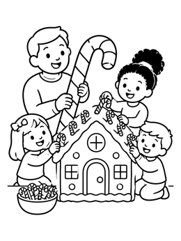 A happy family adds sweet treats in this candy cane coloring page.