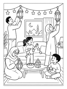A happy family prepares festive home decorations in this ramadan coloring page.