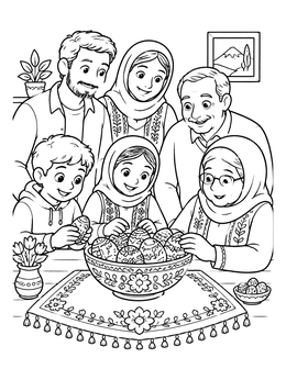 Free printable Family Decorating Nowruz Eggs Together coloring page