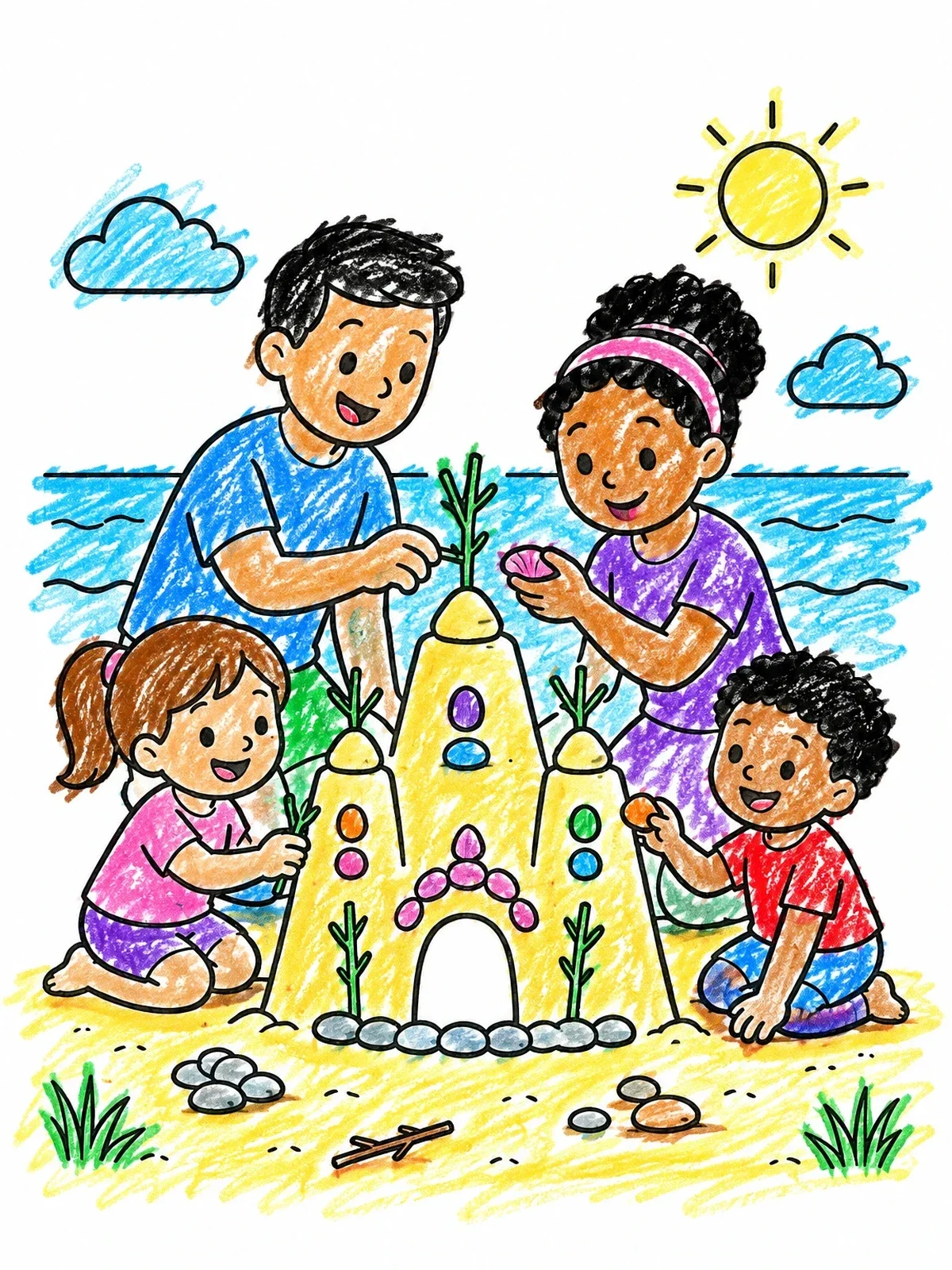 Colored example of the Family Decorating A Sand Castle coloring page