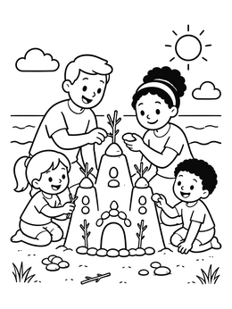 A happy family adds shells and twigs in this sand castle coloring page.