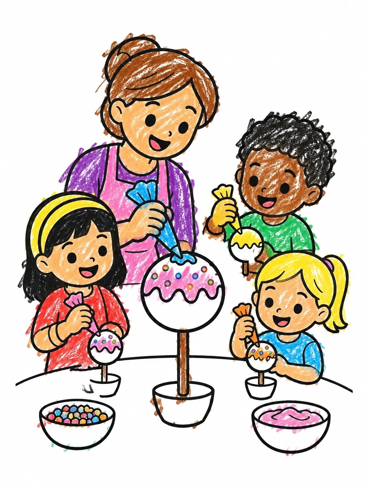 Colored example of the Family Decorating Sweet Cake Pops coloring page