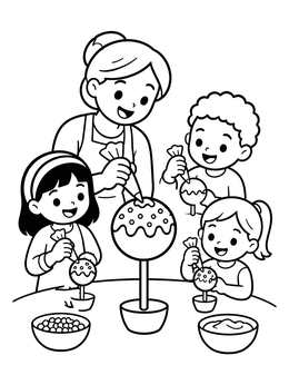 Free printable Family Decorating Sweet Cake Pops coloring page
