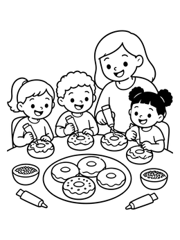Kids and mom happily decorating pastries on this fun donut coloring page.