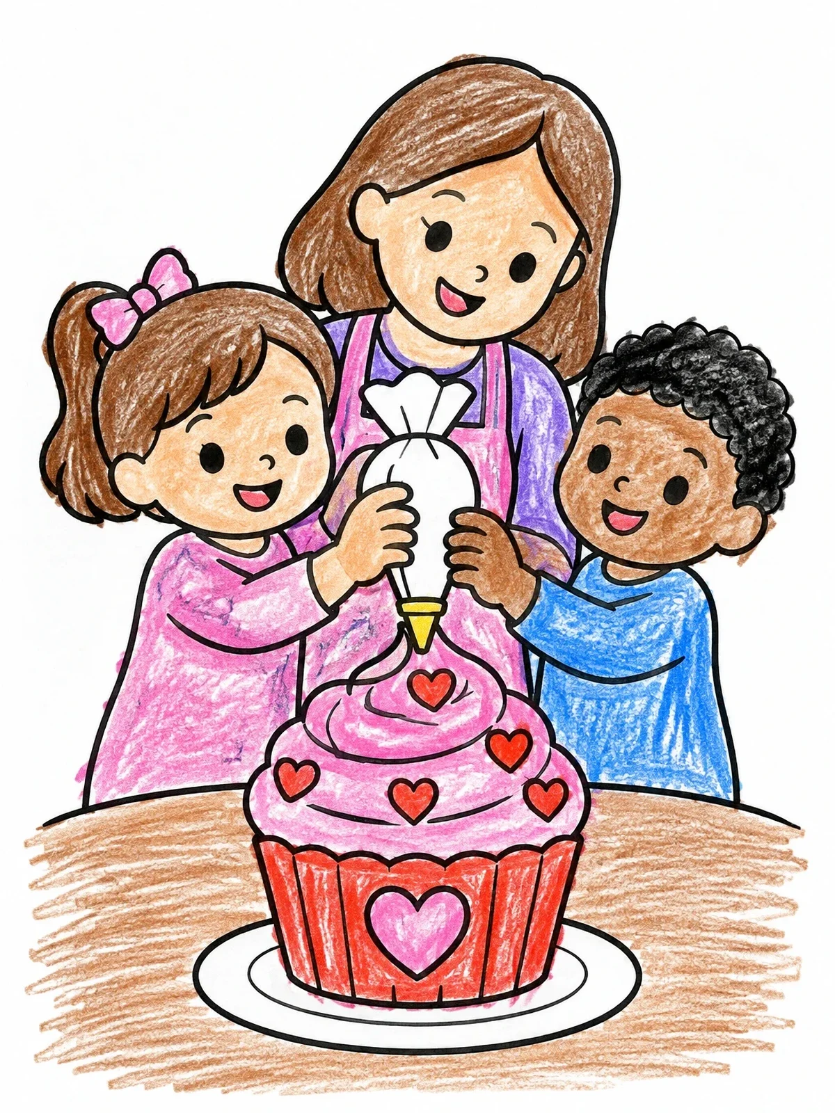 Colored example of the Family Decorating A Valentine Cupcake coloring page