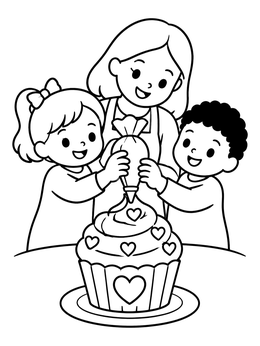 A mother and two kids decorate a treat in this valentine cupcake coloring page.