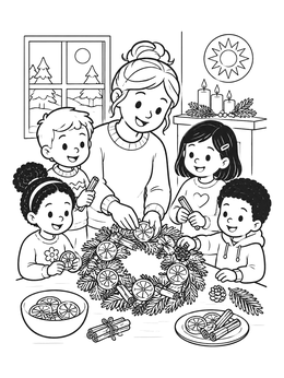 Free printable Family Making A Solstice Wreath coloring page