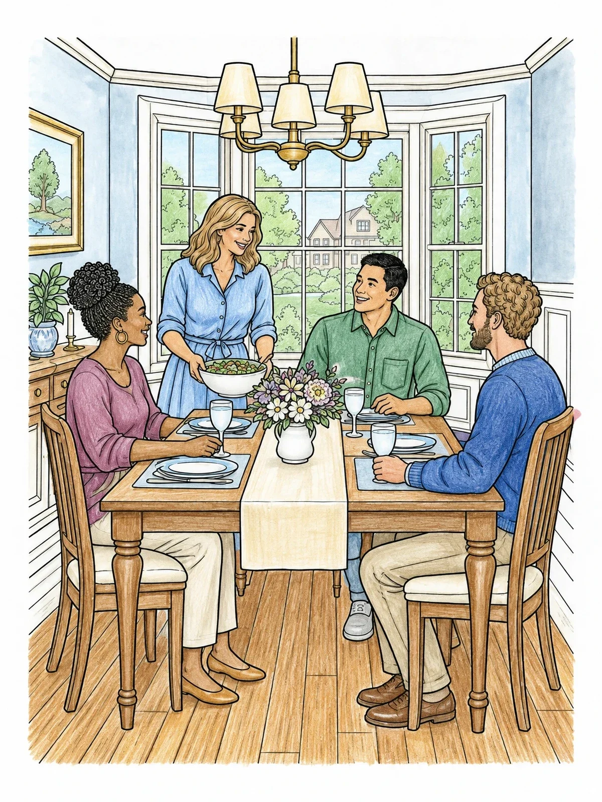 Colored example of the Family Dinner By The Bay Window coloring page