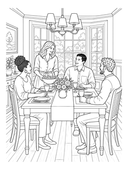 Friends gather for a meal in this detailed dining room coloring page with a sunny bay window.