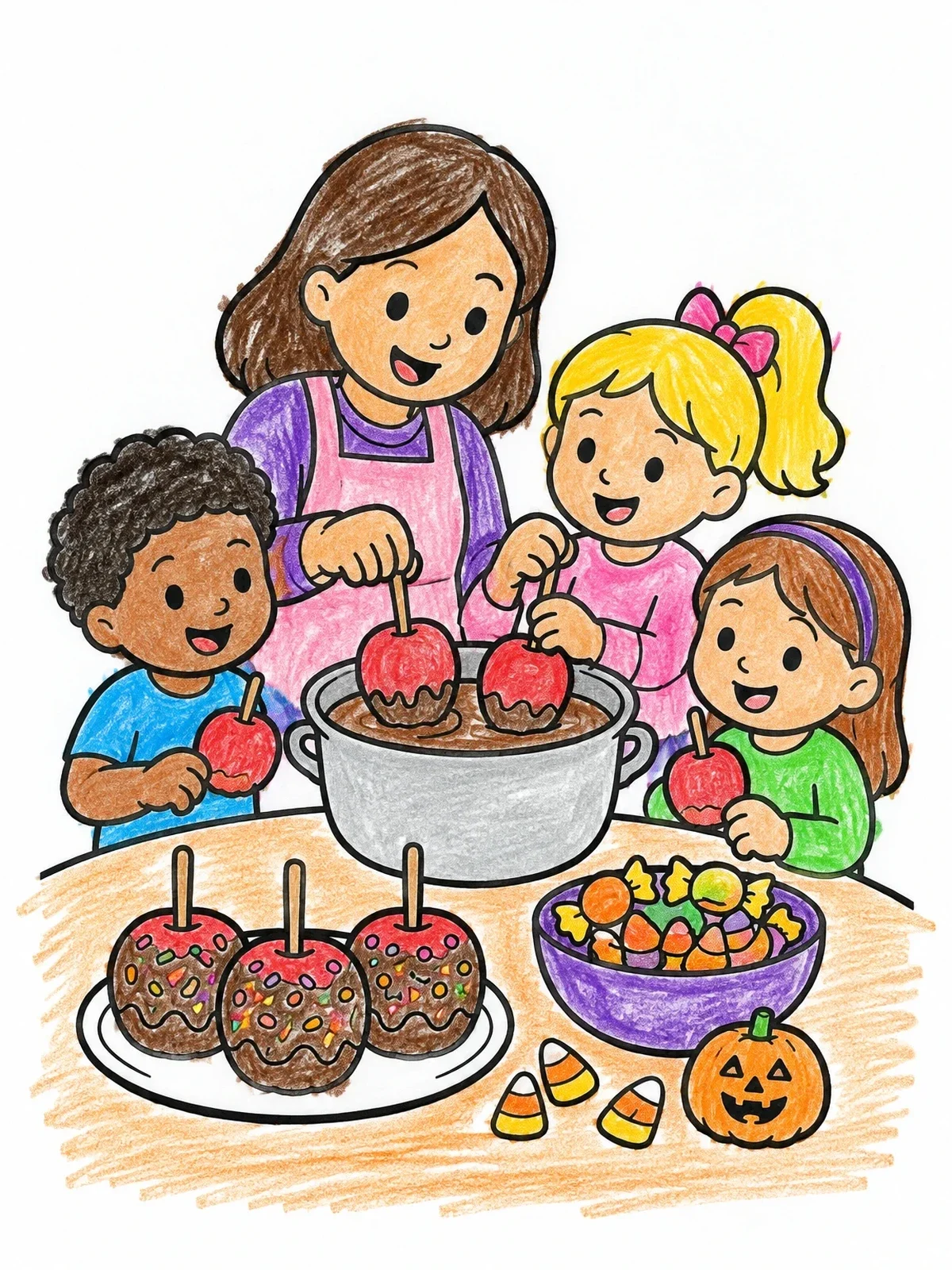 Colored example of the Family Dipping Halloween Candy Apples coloring page