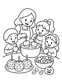 Kids make treats together in this halloween candy coloring page.