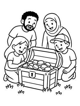 Free printable Family Discovering A Treasure Chest coloring page