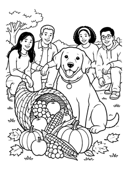 Free printable Family And Dog With Thanksgiving Cornucopia coloring page