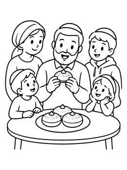 Free printable Family Enjoying Hanukkah Sufganiyot coloring page