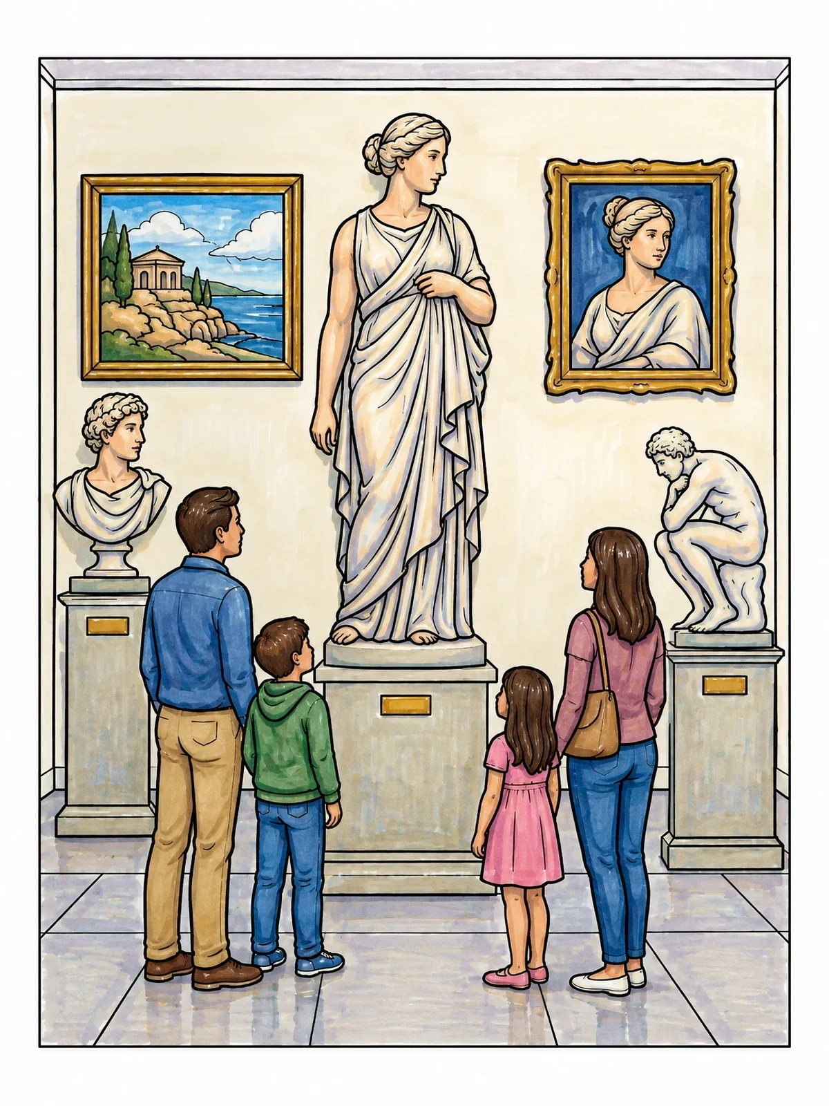 Colored example of the Family Exploring Art Museum Gallery coloring page