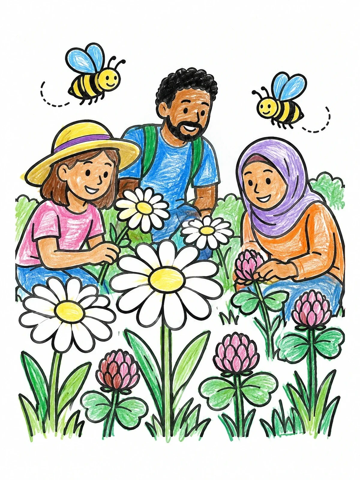 Colored example of the Family Exploring A Wildflower Meadow coloring page