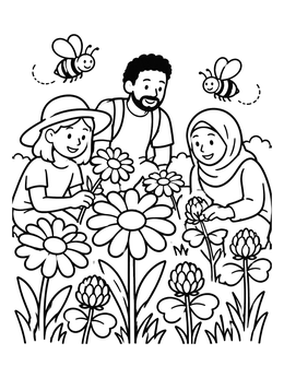 Free printable Family Exploring A Wildflower Meadow coloring page